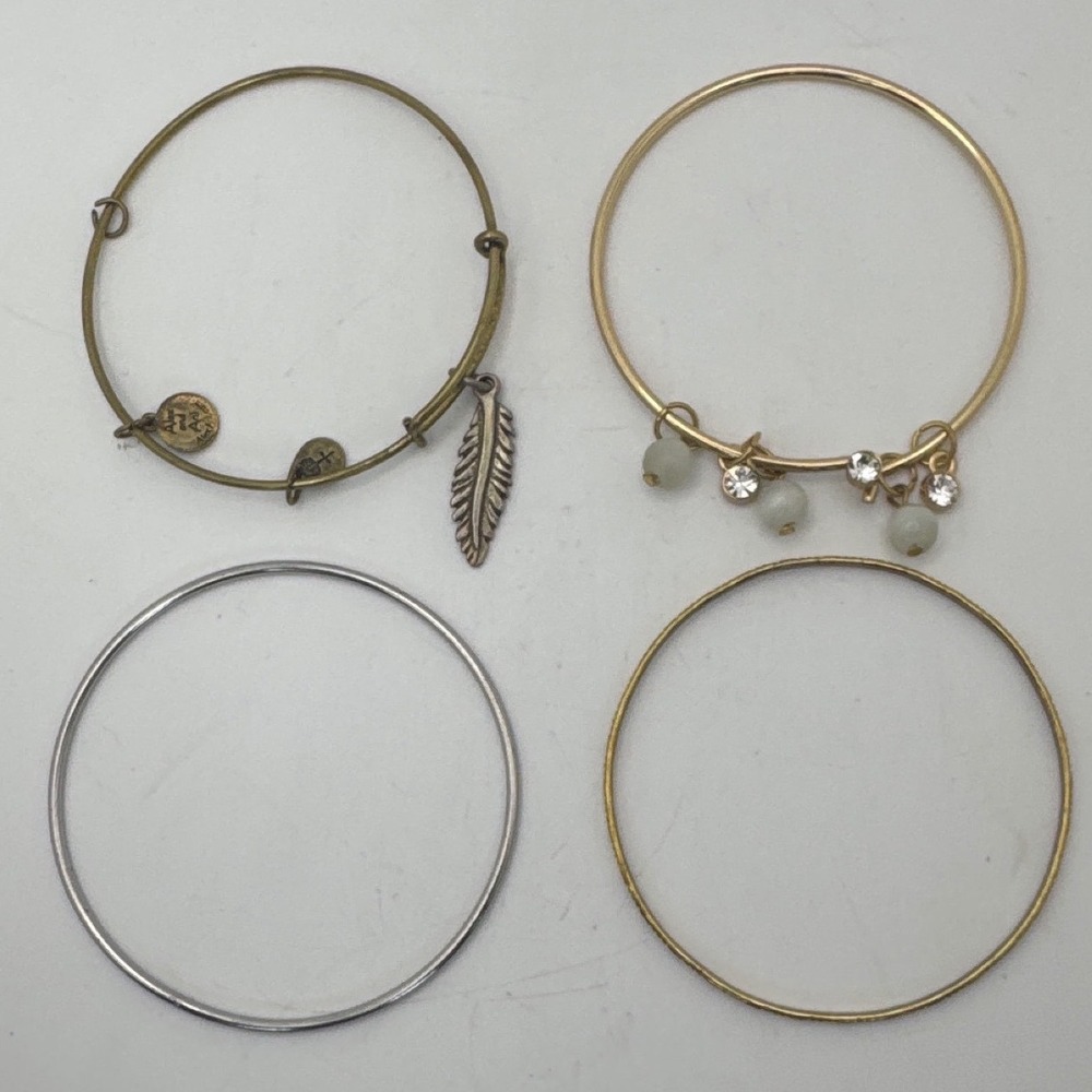 Alex and Ani Feather Bangle Set Gold Silver Tone Rhinestone Pearl Bracelets 4pc